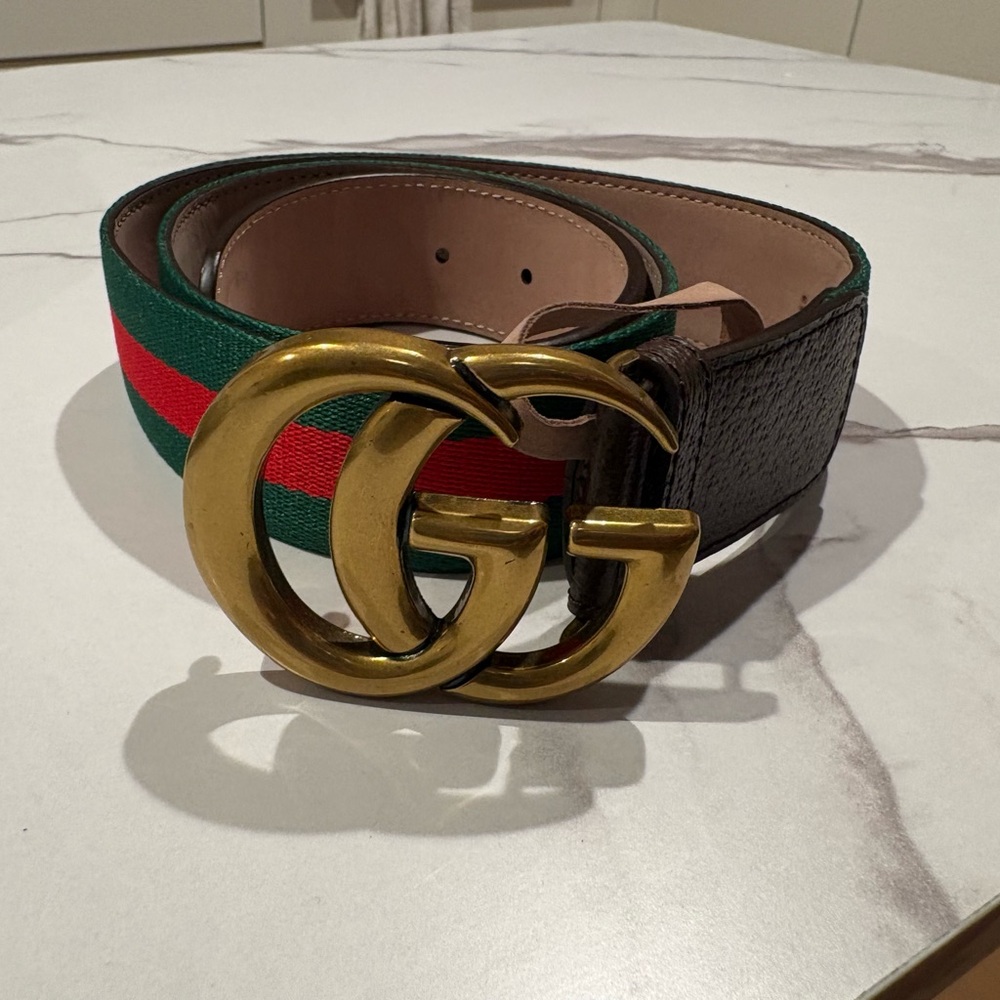 Gucci Gold GG Buckle Belt - Green and Red Stripe